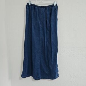Vtg Willow Bend Denim Jean Maxi Skirt Sz Med Modest Buttons Slit Prairie Western